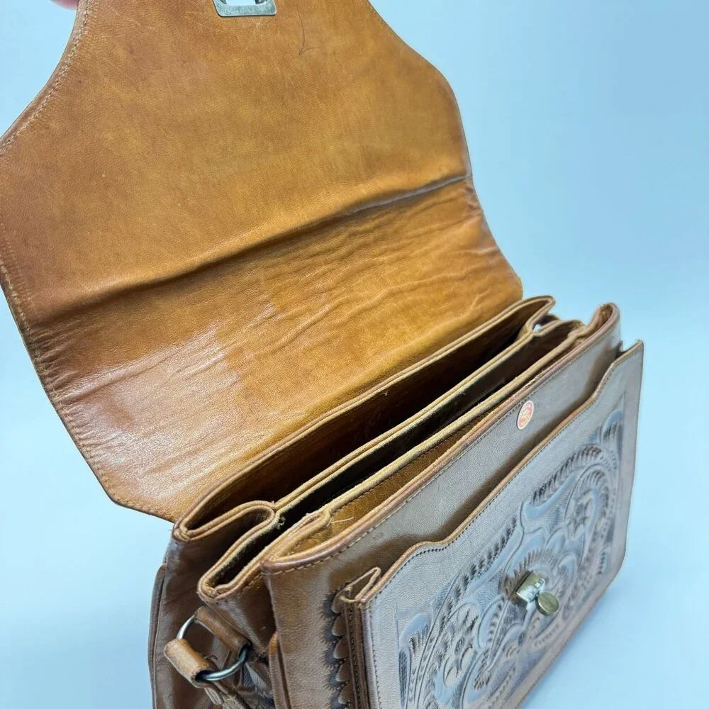 Vintage Hand Tooled Leather Shoulder Bag Made In Mexico Rose Flower - Picture 4 of 16